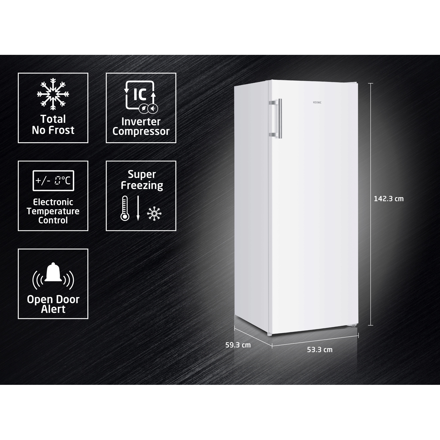 KOENIC KFZ 411 D NF W  Congelatore verticale, dimensioni: L 53,3 cm, A 142,3 cm, P 59,3 cm, Rumorosità 39 dB(A), Classe D