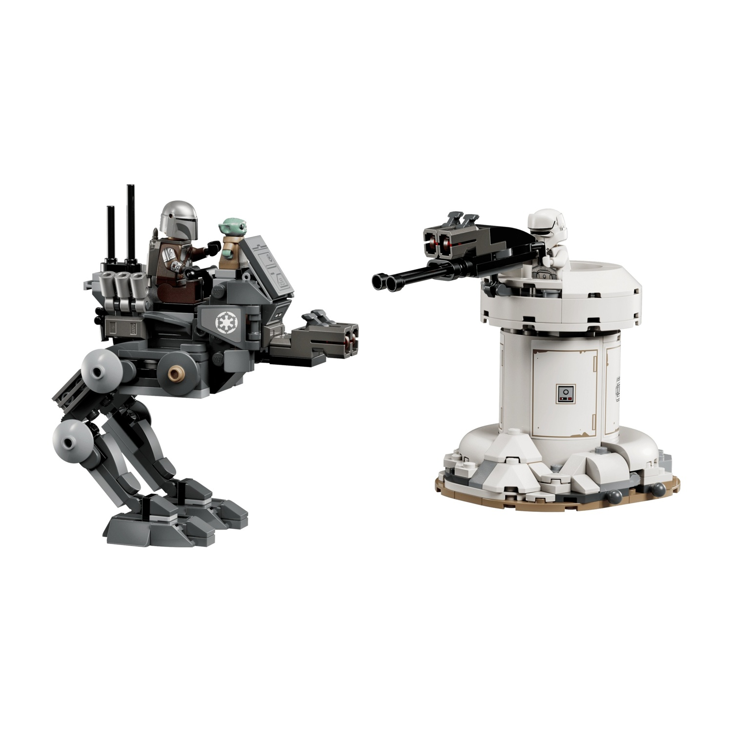 Set Lego con un camminatore mandaloriano che trasporta Grogu e il Mandaloriano, di fronte a una torretta imperiale.