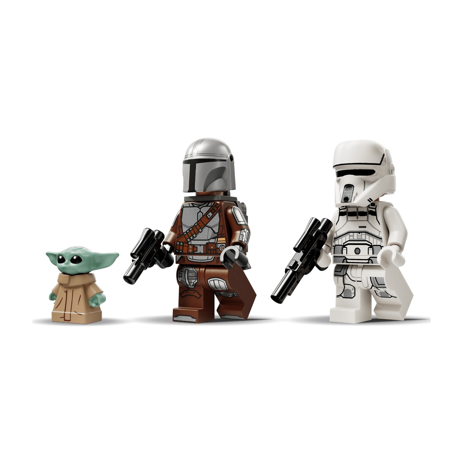 Tre minifigure LEGO: Grogu in tunica, il Mandaloriano con un'arma e uno Scout Trooper con blaster.
