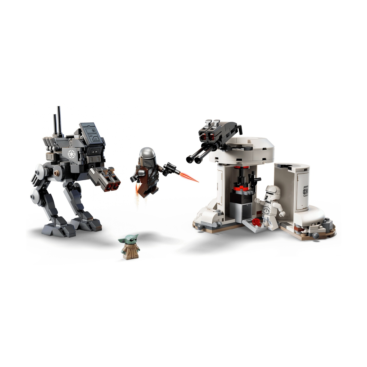Set Lego con AT-ST, Mandalorian, Grogu, stormtrooper e stazione di difesa imperiale.
