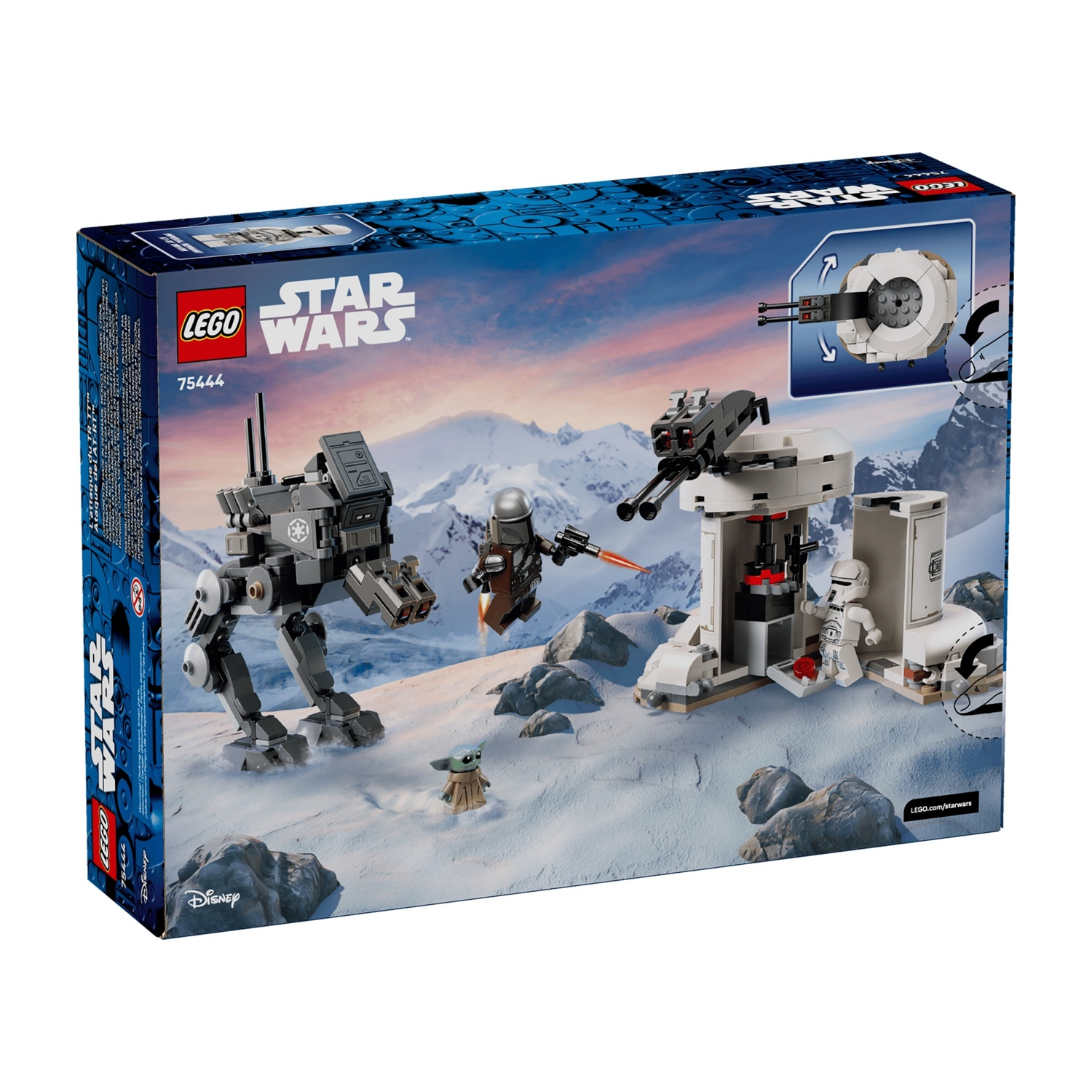 Set Lego Star Wars 75444 con AT-ST, Mandaloriano, Grogu e base innevata su sfondo montano.
