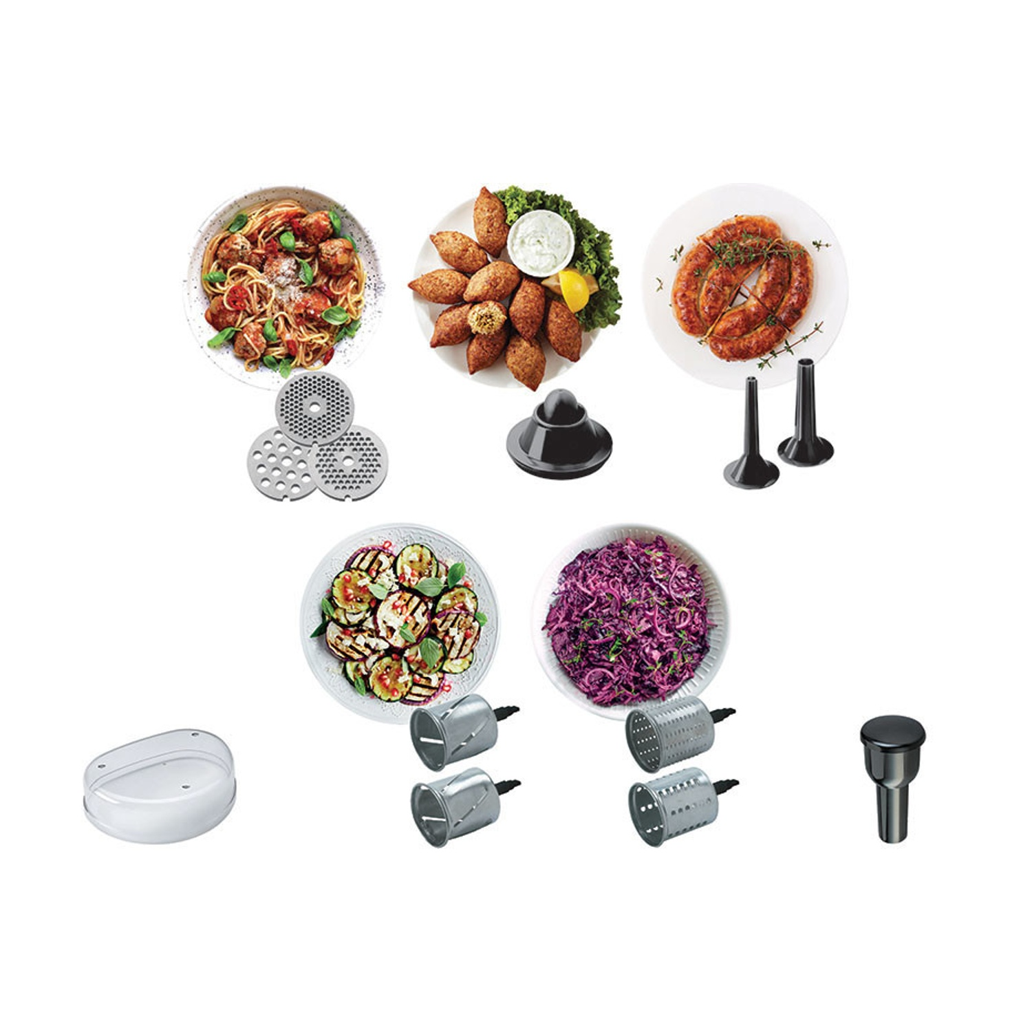 Vari piatti come pasta, kibbeh e salsicce mostrati con relativi accessori.