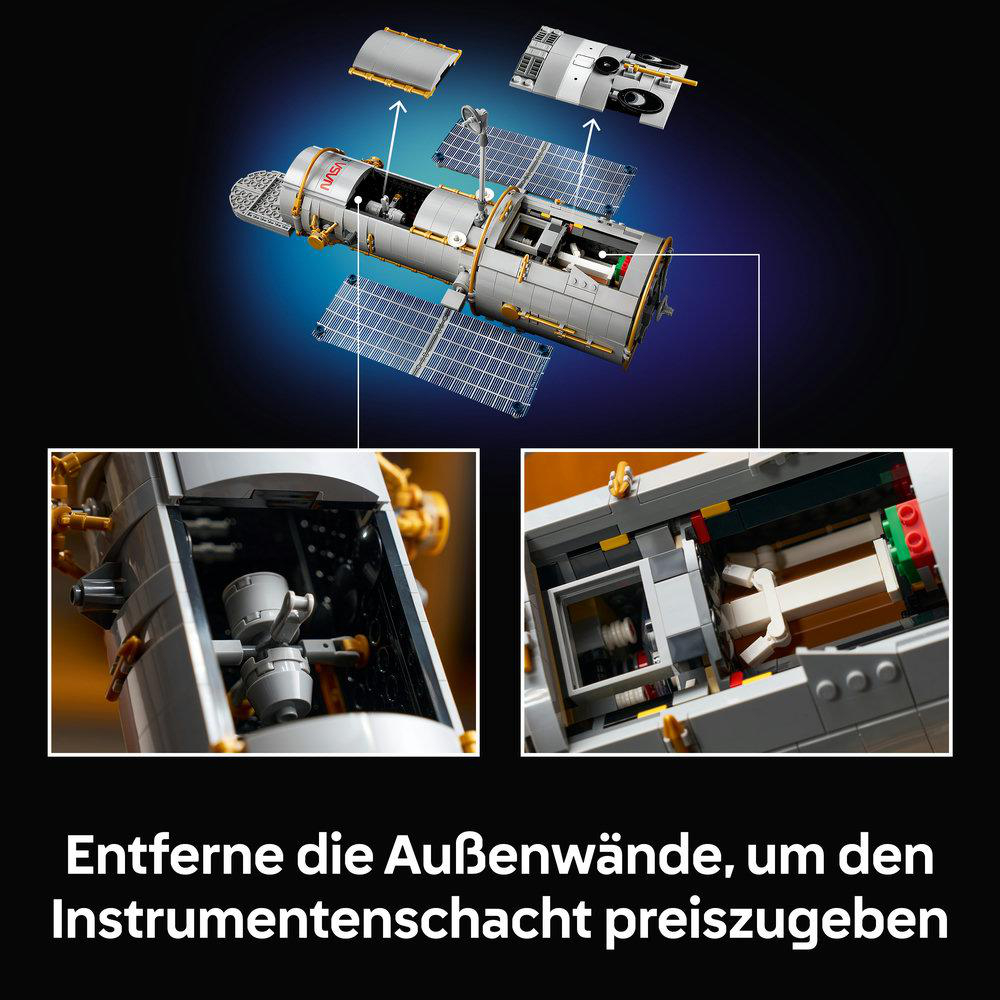 Lego-Modell der ISS mit abnehmbaren Wänden und Instrumentendetails.
