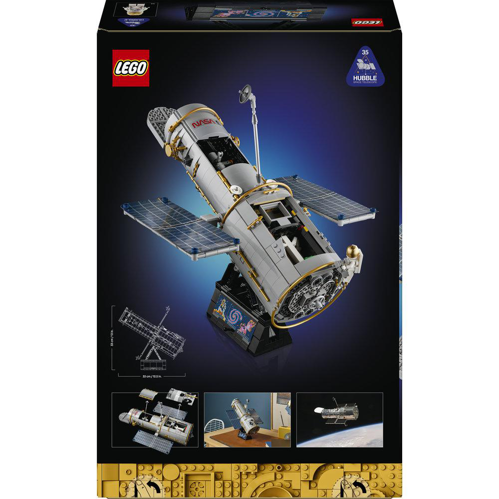 Lego Hubble Space Telescope Set auf schwarzem Karton mit blauen Akzenten und NASA-Logo.