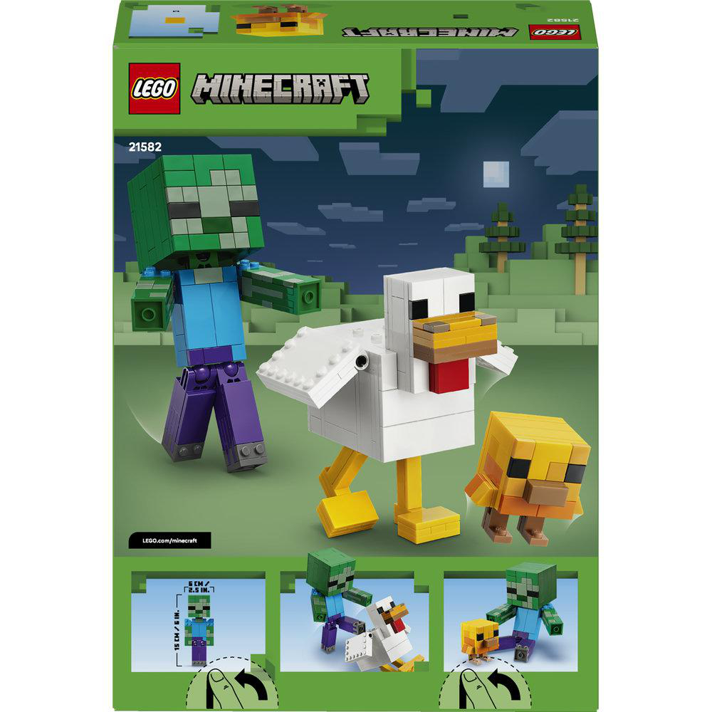LEGO Minecraft Set Verpackung mit Zombie, einem großen Huhn und einem Küken in einer blockartigen Landschaft.