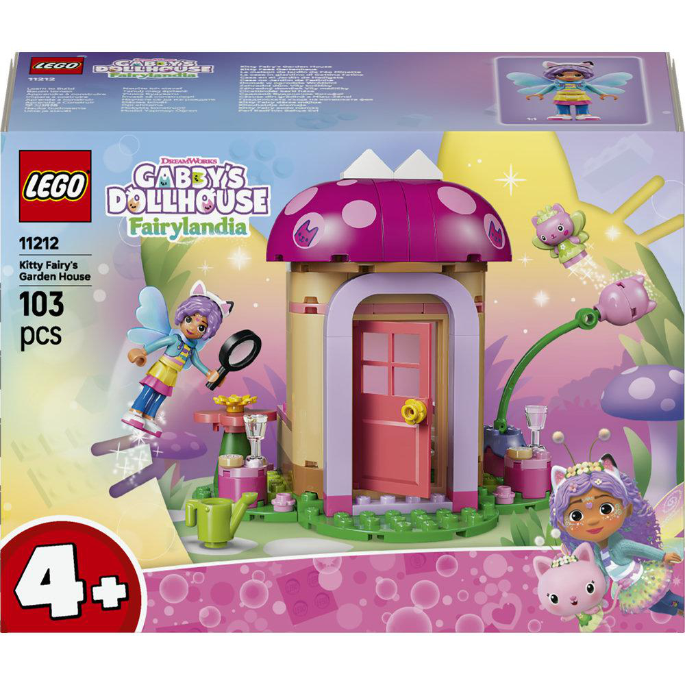 Lego Gabby's Dollhouse Fairylandia Schachtel mit rosa Pilzhaus, Figuren und Gartenzubehör.