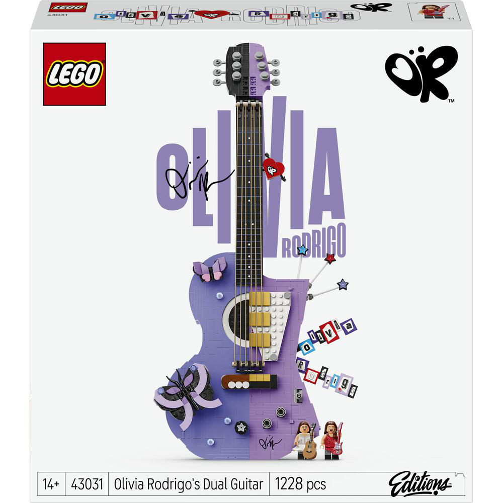 LEGO Box mit Olivia Rodrigos lila Dual-Gitarre, verziert mit Sternen, Herzen und Blumen.