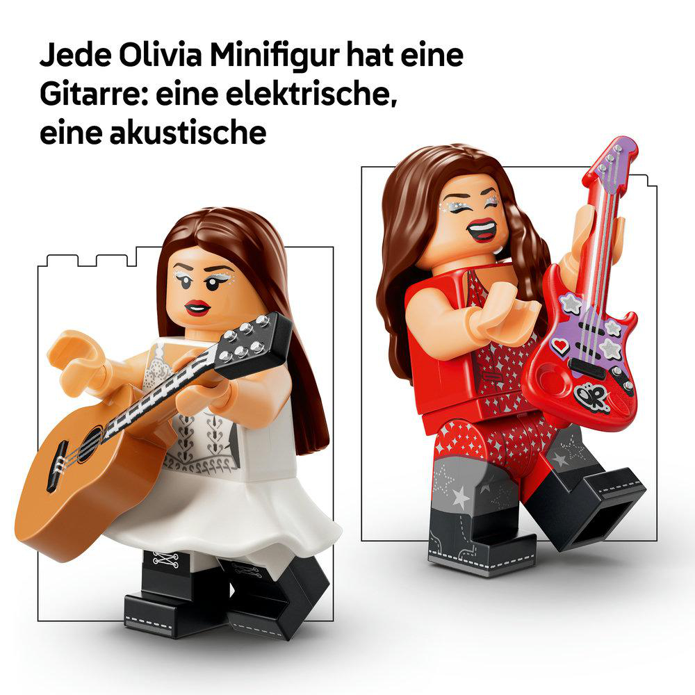 Zwei Olivia-Minifiguren: eine mit Akustikgitarre in Weiß, die andere mit roter E-Gitarre.