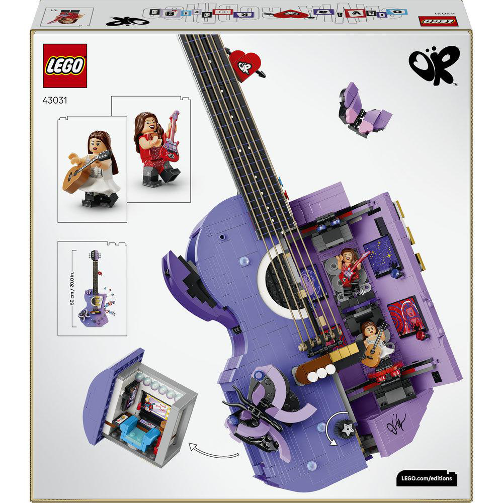 Rückseite einer LEGO-Set-Verpackung mit einer großen violetten Gitarre, Minifiguren und detaillierten Innenräumen.