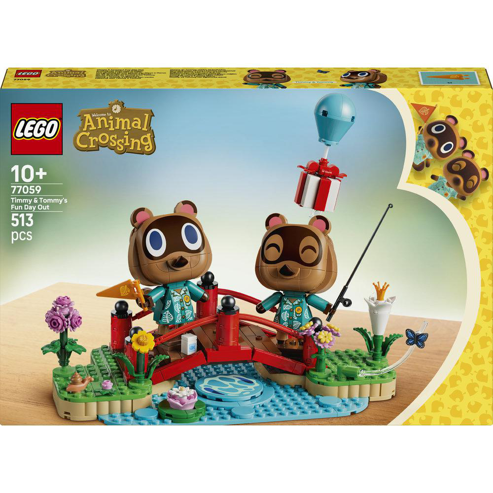 Lego Animal Crossing Set mit Timmy und Tommy, einer roten Brücke und Wasser.