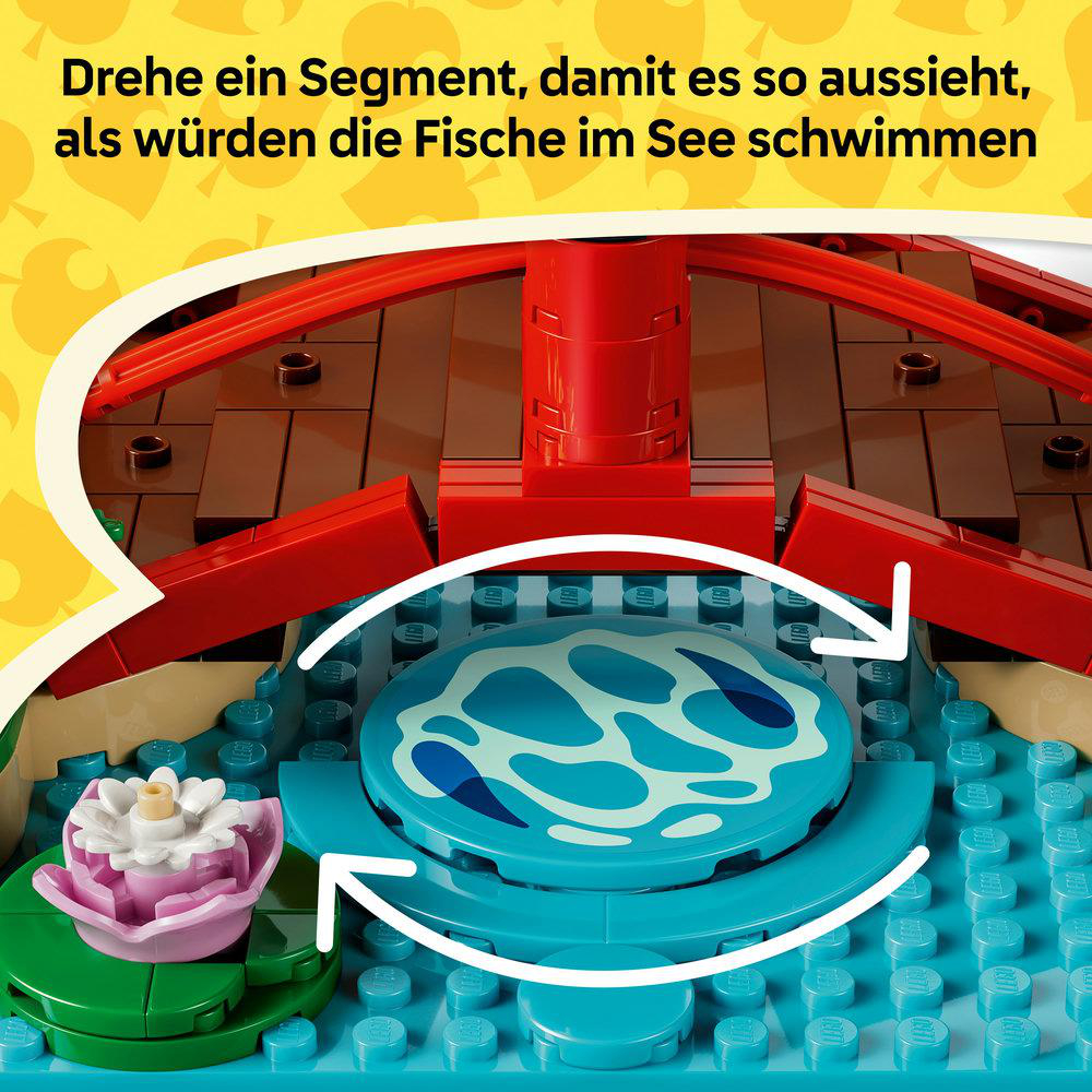 Lego-Puzzle mit deutschem Text und weißen Pfeilen zum Drehen eines blauen Wassersegments.