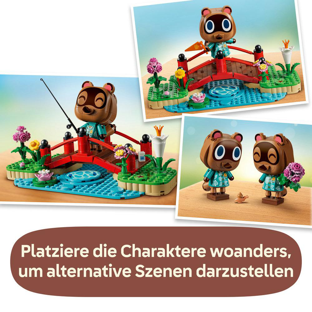 Lego Animal Crossing Set mit Brücke, Wasser und Figuren.