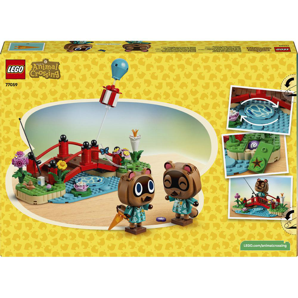 Rückseite einer LEGO Animal Crossing Verpackung mit roten Brückenset und zwei Figuren.