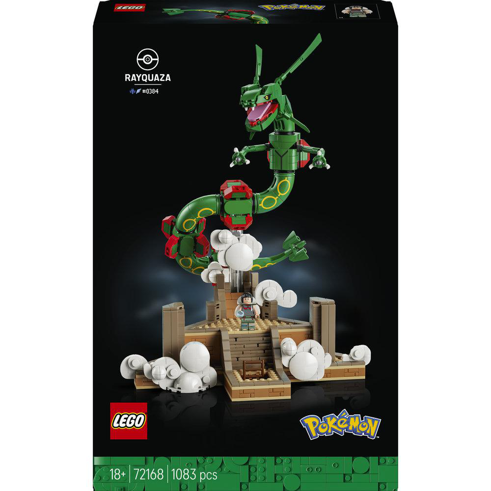 Lego-Box mit Rayquaza-Drachenfigur, Wolken und einem kleinen Charakter auf einem steinernen Sockel vor schwarzem Hintergrund.