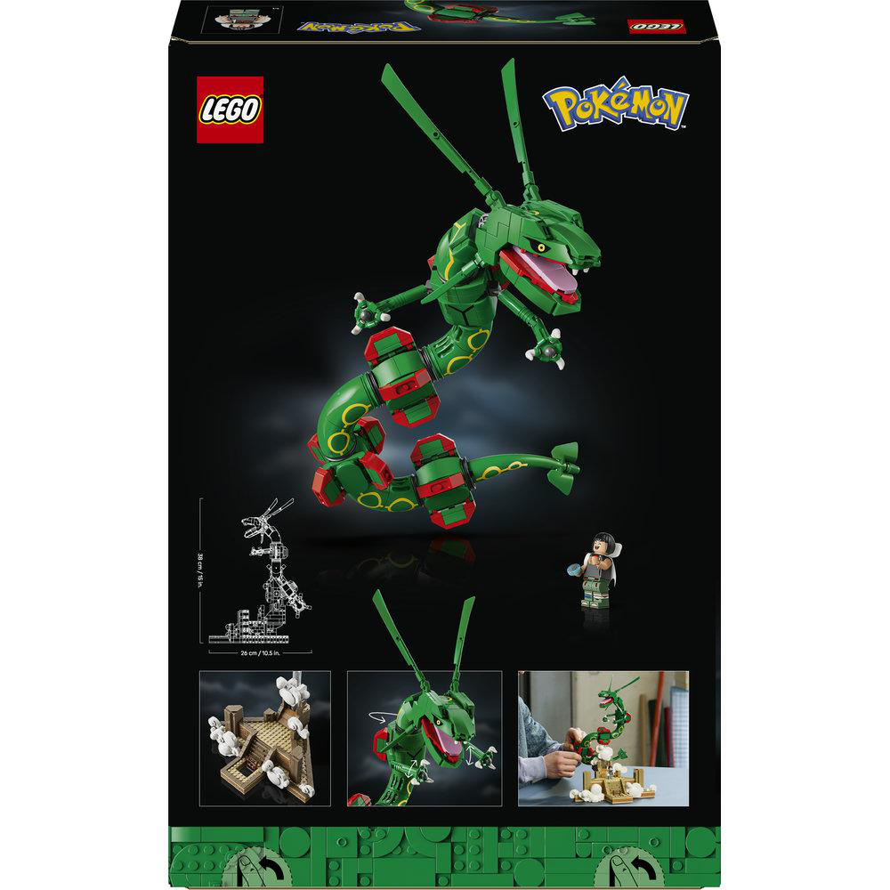Pokémon-LEGO-Verpackungsrückseite zeigt eine grüne Rayquaza-Figur, Minifigur und kleine Zusatzbilder.