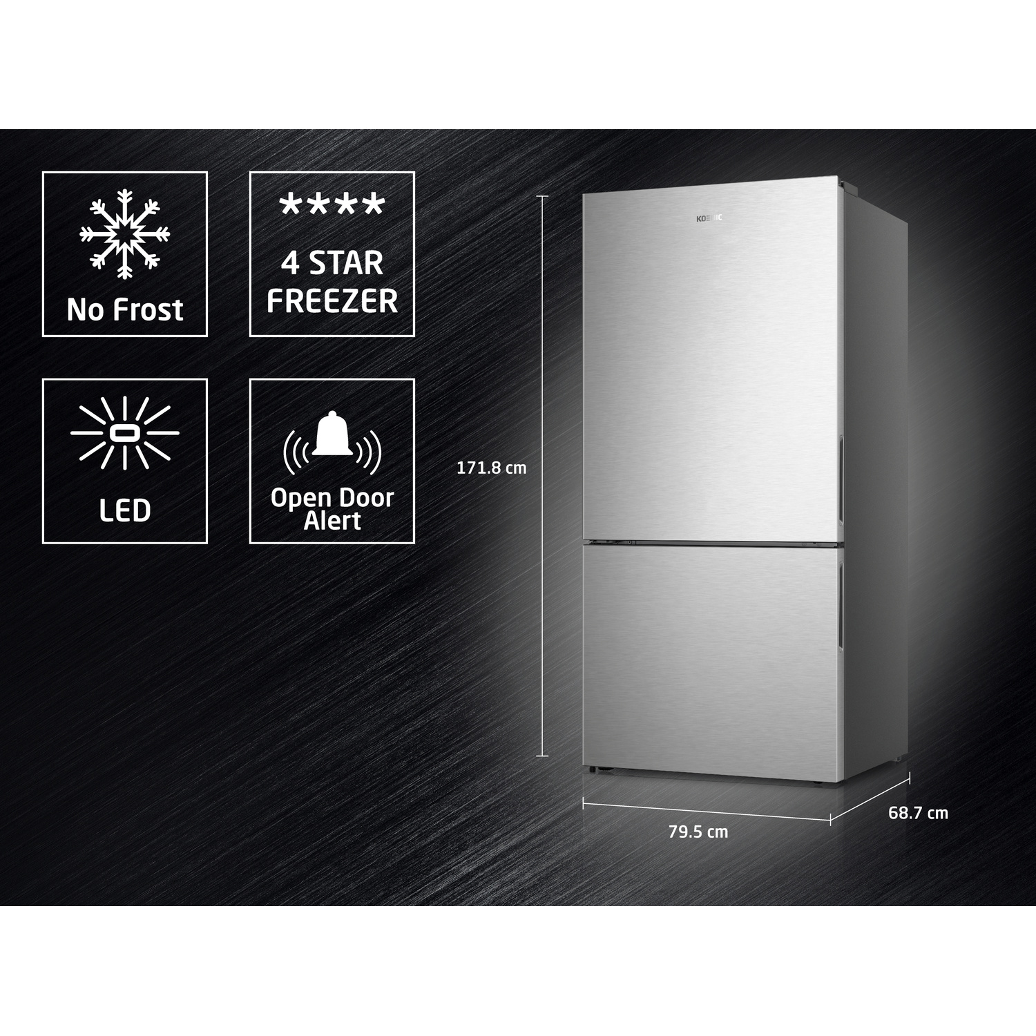 FRIGORIFERO COMBINATO KOENIC KFK 521 E NF IN, Capacità netta totale 503 l, Rumorosità: 38 dB(A), 3 ripiani, Dimensioni: L 79,5 cm A 171,8 cm P 68,7 cm, Inox, Classe E