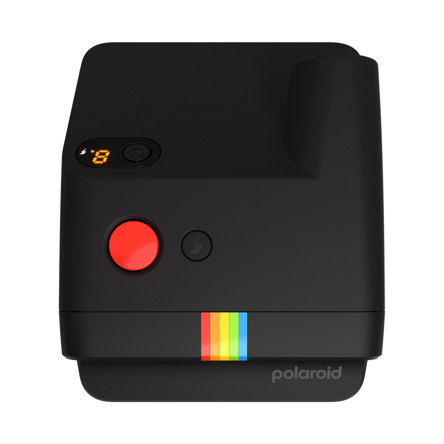 Fotocamera istantanea Polaroid nera con pulsante di scatto rosso e strisce colorate.