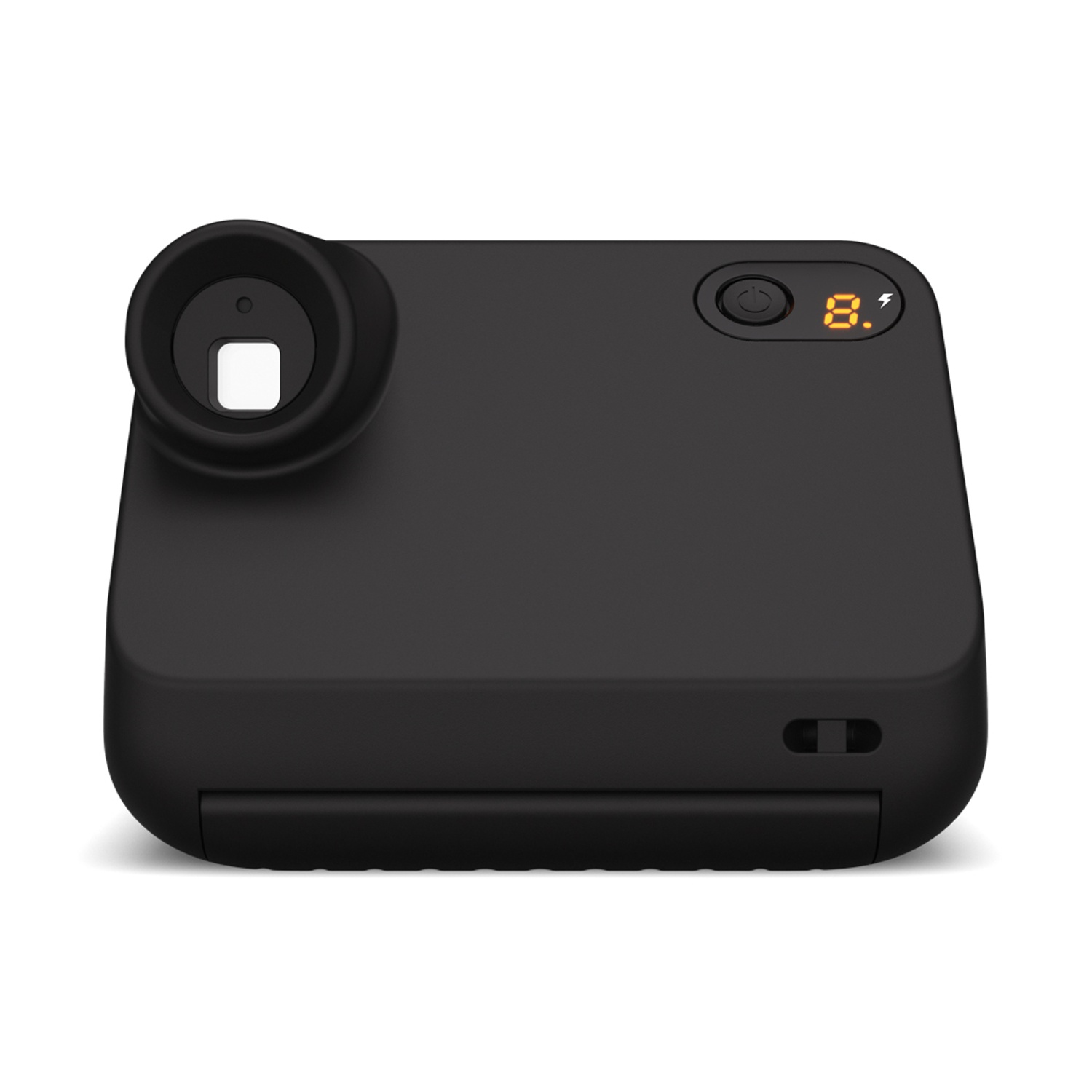 Una fotocamera istantanea nero opaco con angoli arrotondati e un display digitale arancione.