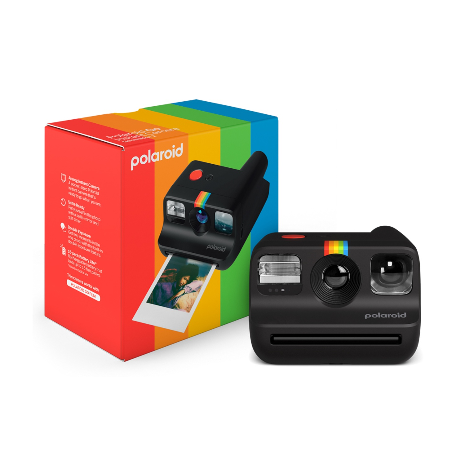 Una fotocamera istantanea Polaroid Go nera con la sua confezione colorata su sfondo bianco.