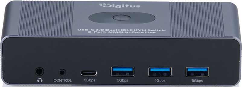 Grauer Digitus USB-C KVM-Switch mit Anschlüssen auf der Vorderseite.