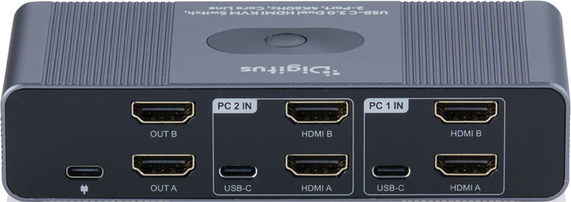 Grauer Digitus USB-C Dual HDMI KVM Switch mit mehreren Anschlüssen für zwei PCs.