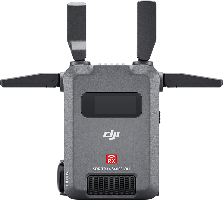 Szürke DJI SDR átviteli vevő négy antennával és kijelzővel fekete háttér előtt.