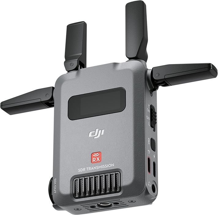 Szürke DJI SDR Transmission vevő négy antennával és porttal, fekete háttér előtt.