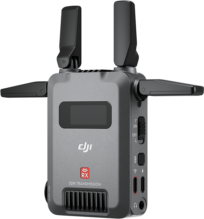 Fekete DJI SDR átviteli vevő két függőleges és két vízszintes antennával.