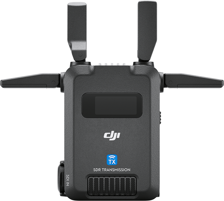 Fekete DJI SDR Transmission eszköz antennákkal és képernyővel fekete háttér előtt.