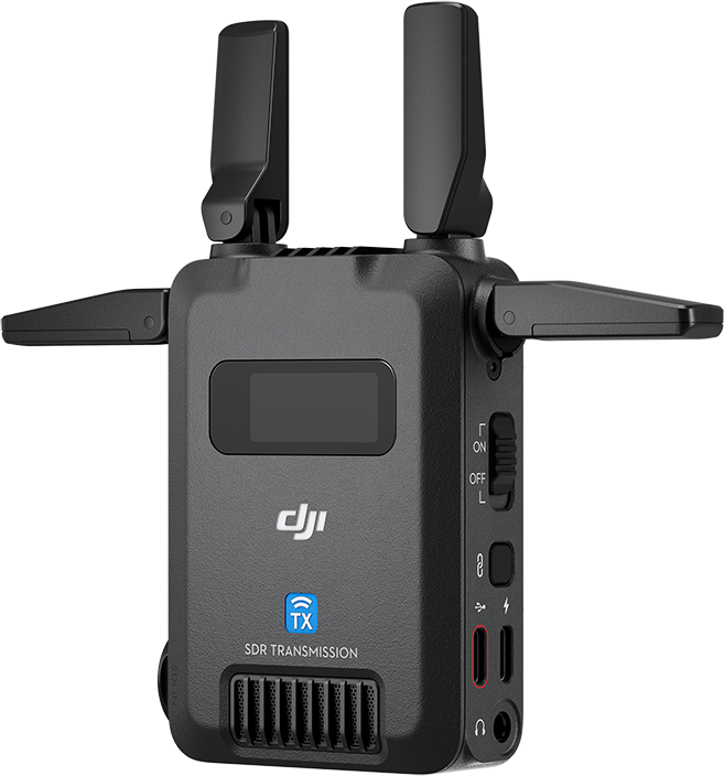 Fekete DJI SDR átvivő eszköz két nagy antennával a tetején és két kisebbel az oldalain, fekete háttér előtt.