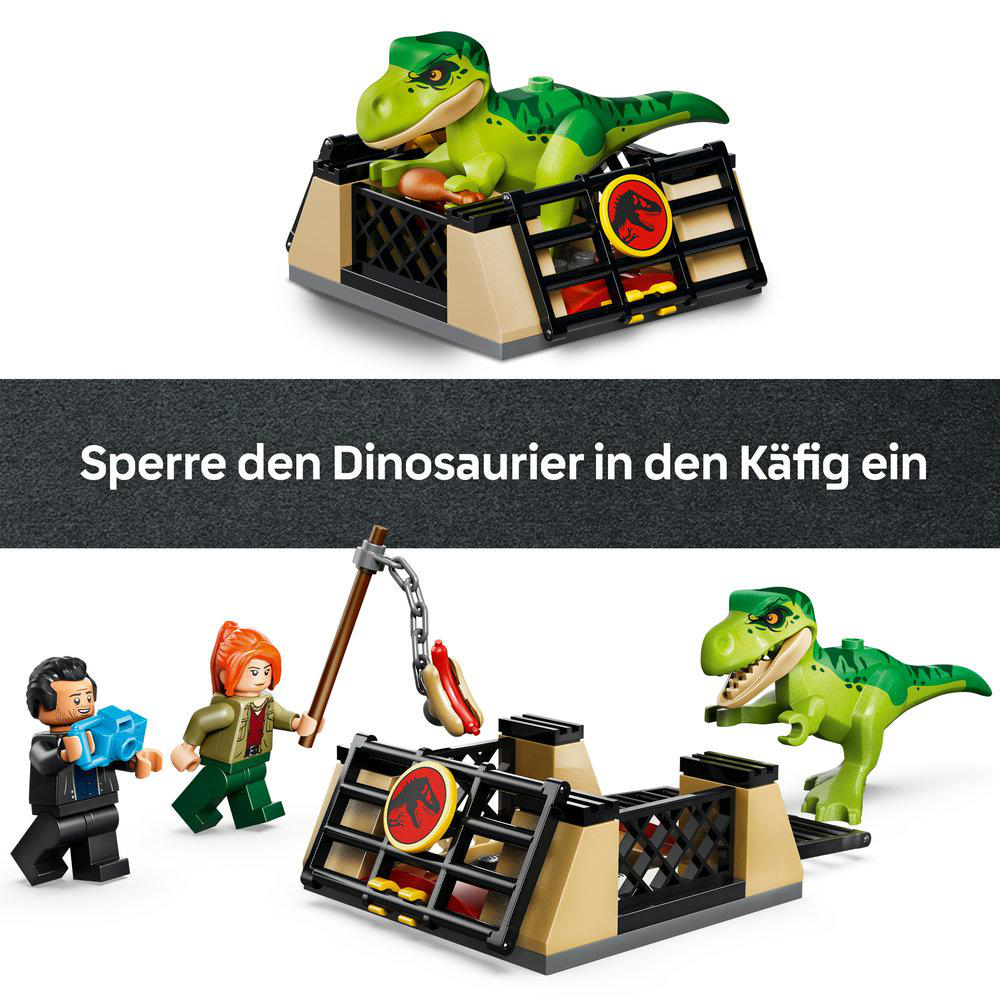 Lego Jurassic Park Set mit grünem Dinosaurier, Käfig und zwei Figuren.