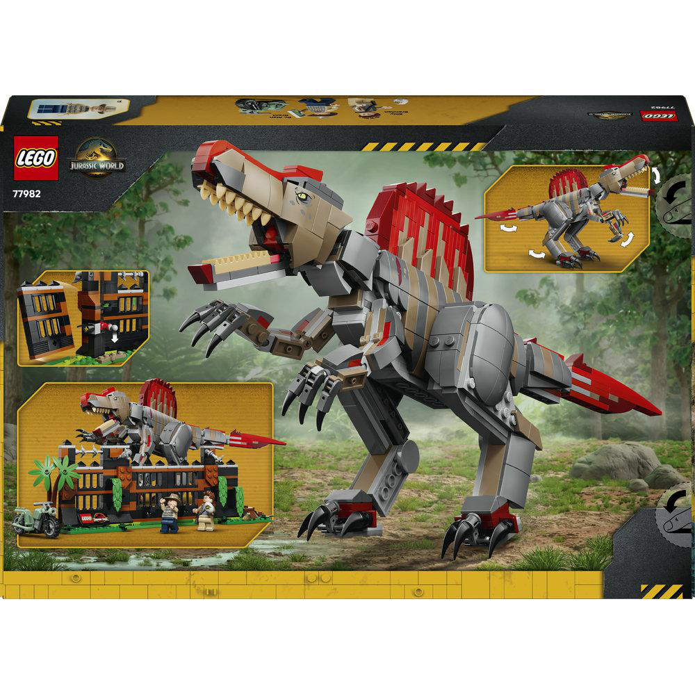 Lego Jurassic World Set 77982 mit einem baubaren Spinosaurus-Dinosaurier und einer Forschungsstation im Dschungel.
