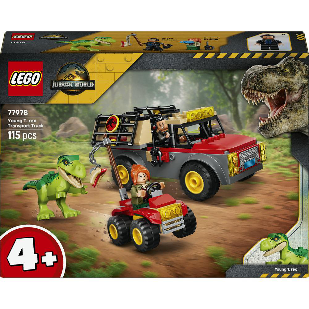 LEGO Jurassic World Set 77978 mit T-Rex, Transportwagen, Quad und Minifiguren vor einer Dschungelkulisse.