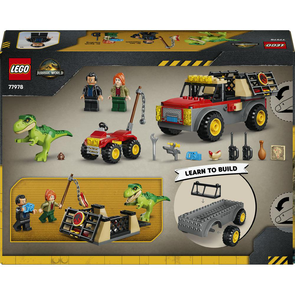 Lego Jurassic World Set 77978 Verpackung mit Minifiguren, einem T-Rex, einem roten Truck, einem Quad und Zubehör.