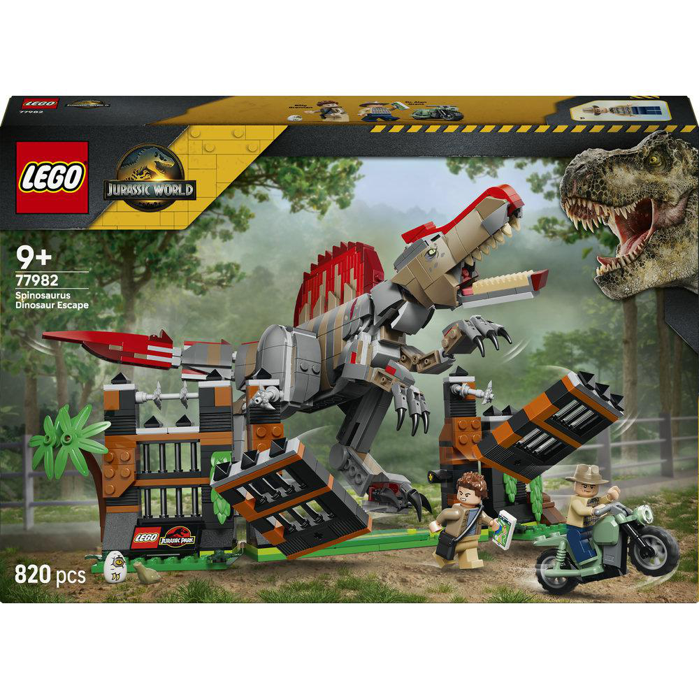 LEGO Jurassic World Spinosaurus Karton mit ausbrechendem Dinosaurier und flüchtenden Minifiguren.