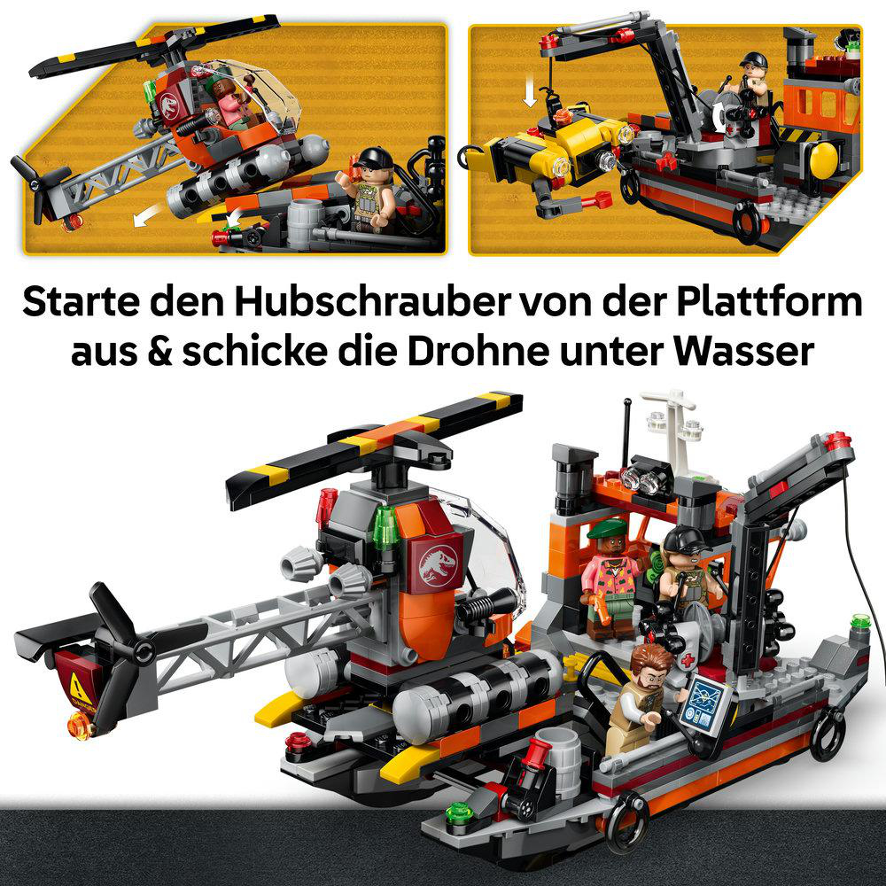 Lego Jurassic World Spielset mit Hubschrauber, Basis und Minifiguren.