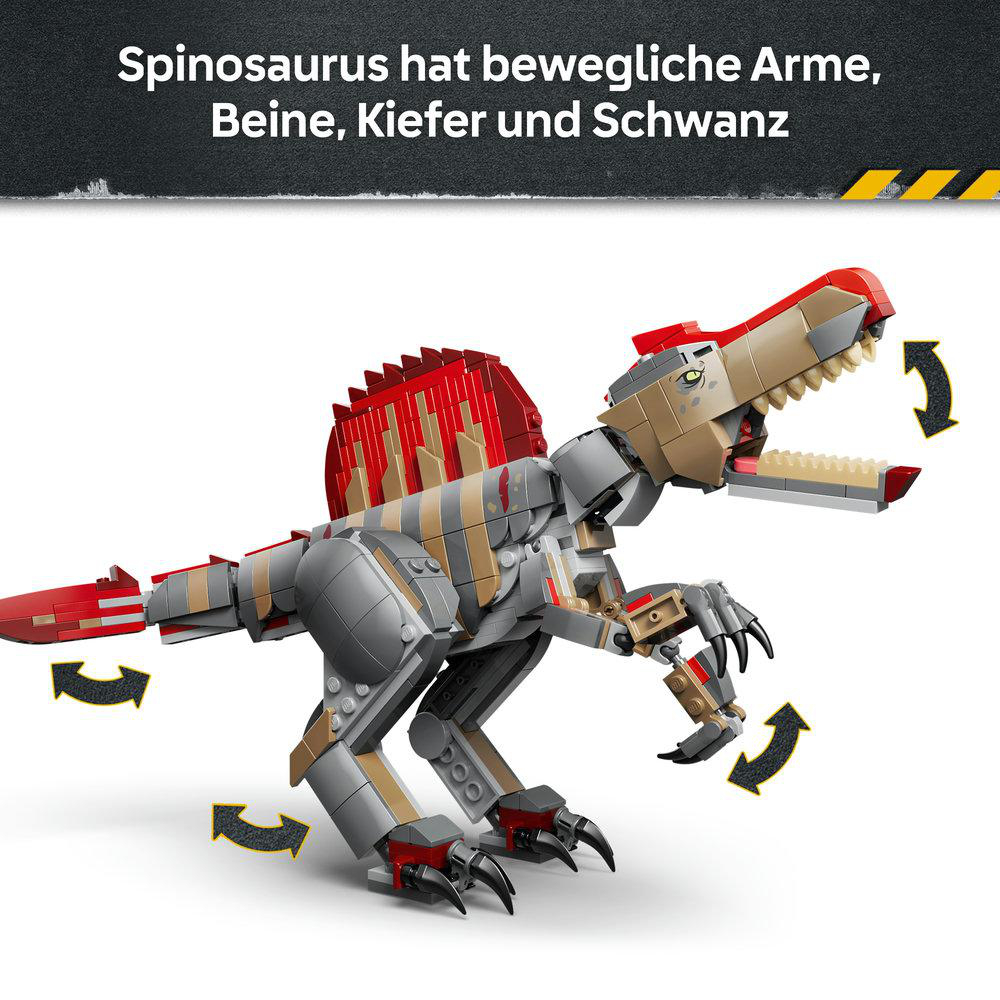 Lego Spinosaurus mit beweglichen Armen, Beinen, Kiefern und Schwanz vor grauem Hintergrund.