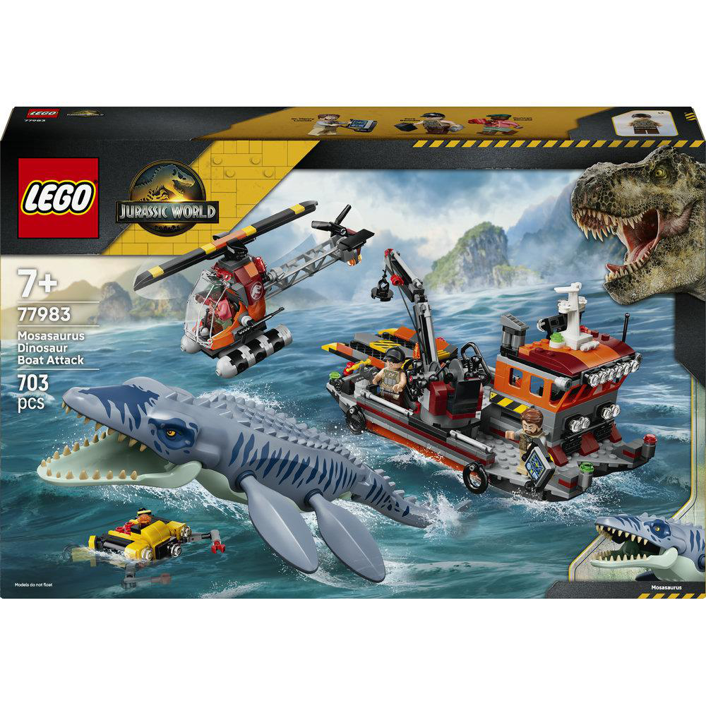 Lego Jurassic World Set mit Boot, Hubschrauber und großem Mosasaurus im Wasser.