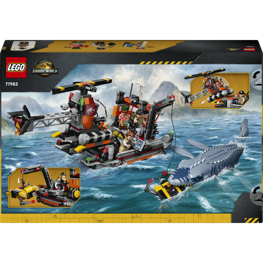 Lego Jurassic World Set mit Boot, Hubschrauber und einem Mosasaurus im Wasser mit Minifiguren.