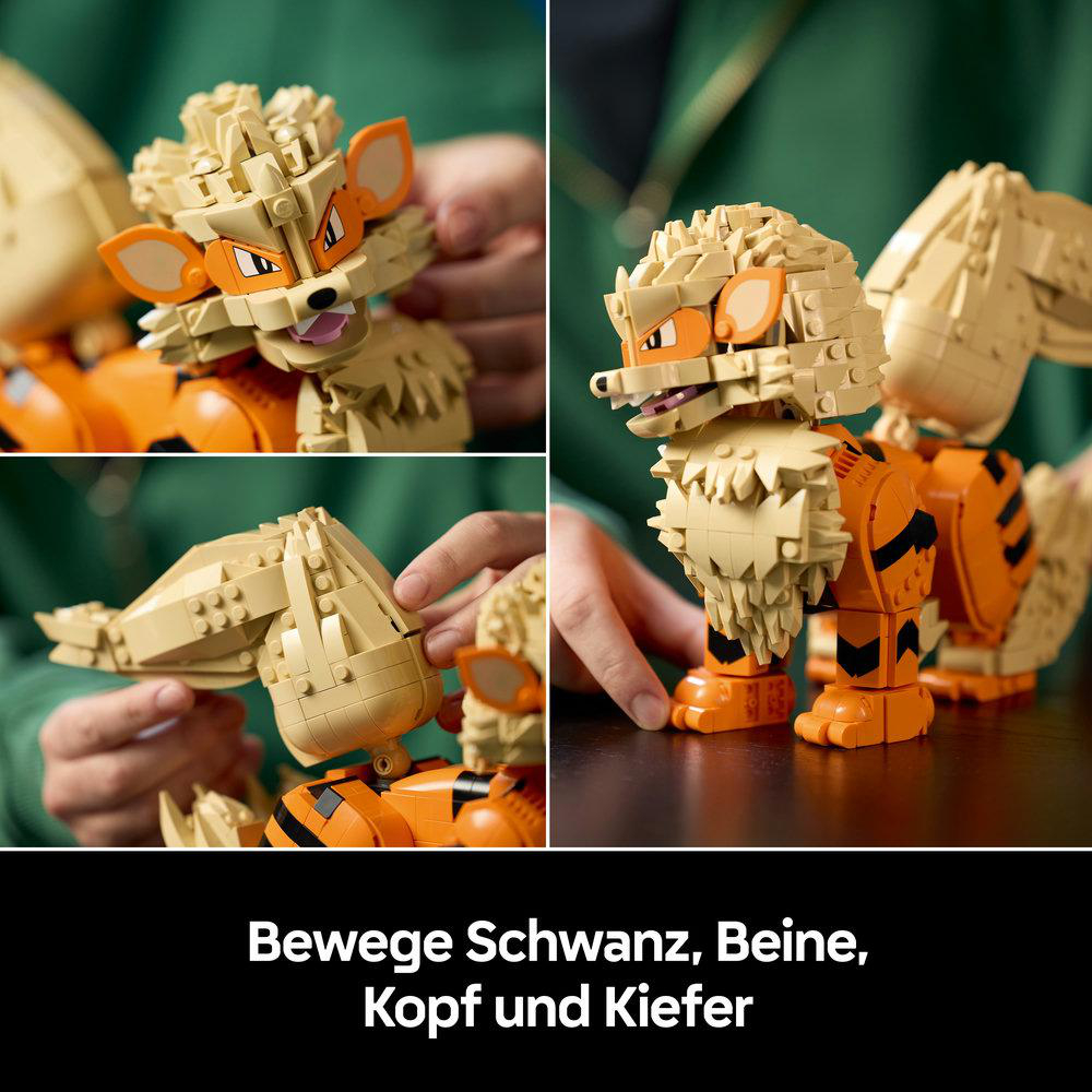Ein gelb-orangefarbener Lego-Arcanine-Bauwerk wird von Händen gezeigt. Text unten.