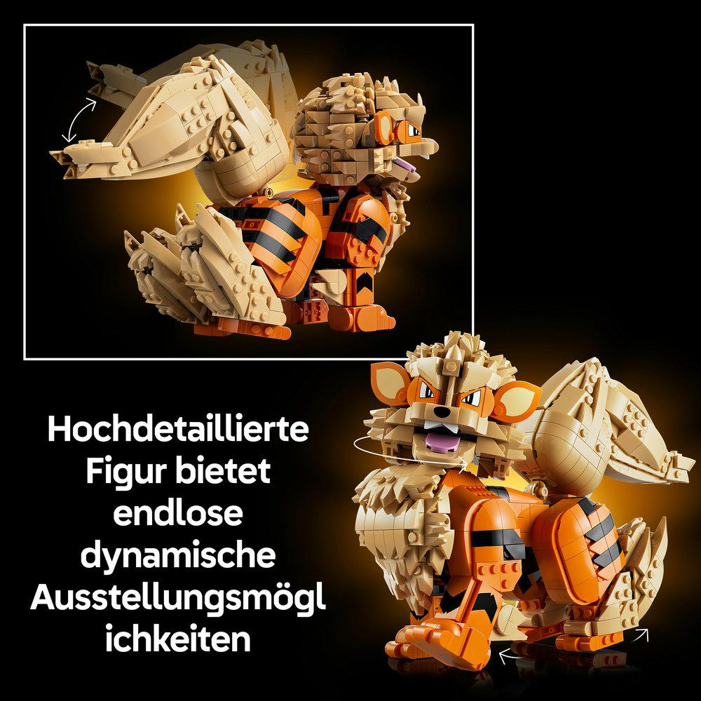 Eine Lego Figur von dem Katzenwesen Kora, die dynamisch gebaut ist mit beweglichen Teilen auf schwarzem Grund.