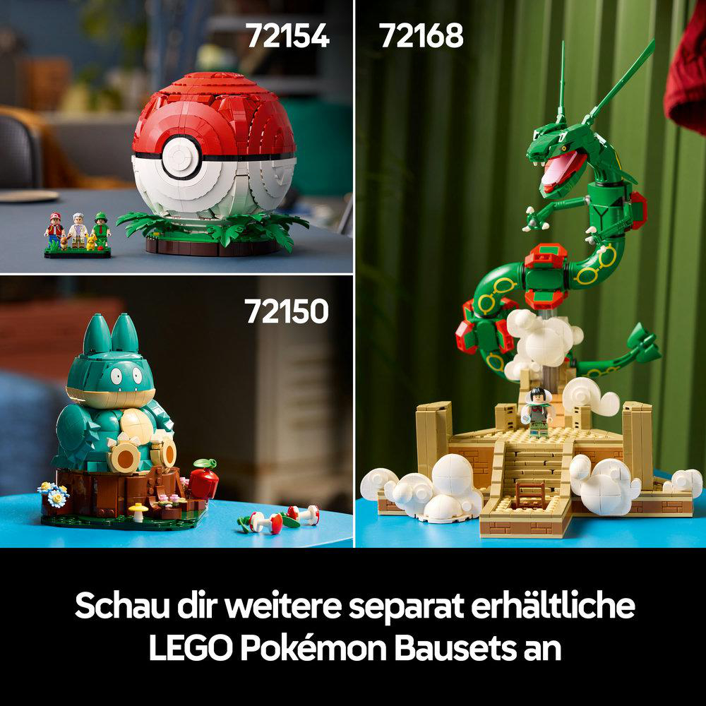 Verschiedene LEGO Pokémon Bausets, darunter ein Pokéball, ein Snorlax und eine Rayquaza-Szene.