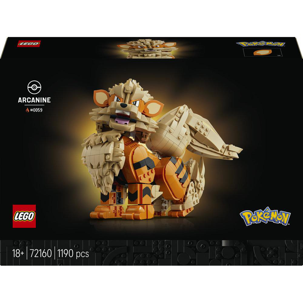 Lego-Arcanine-Modell auf schwarzer Box mit Pokémon- und Lego-Logos.
