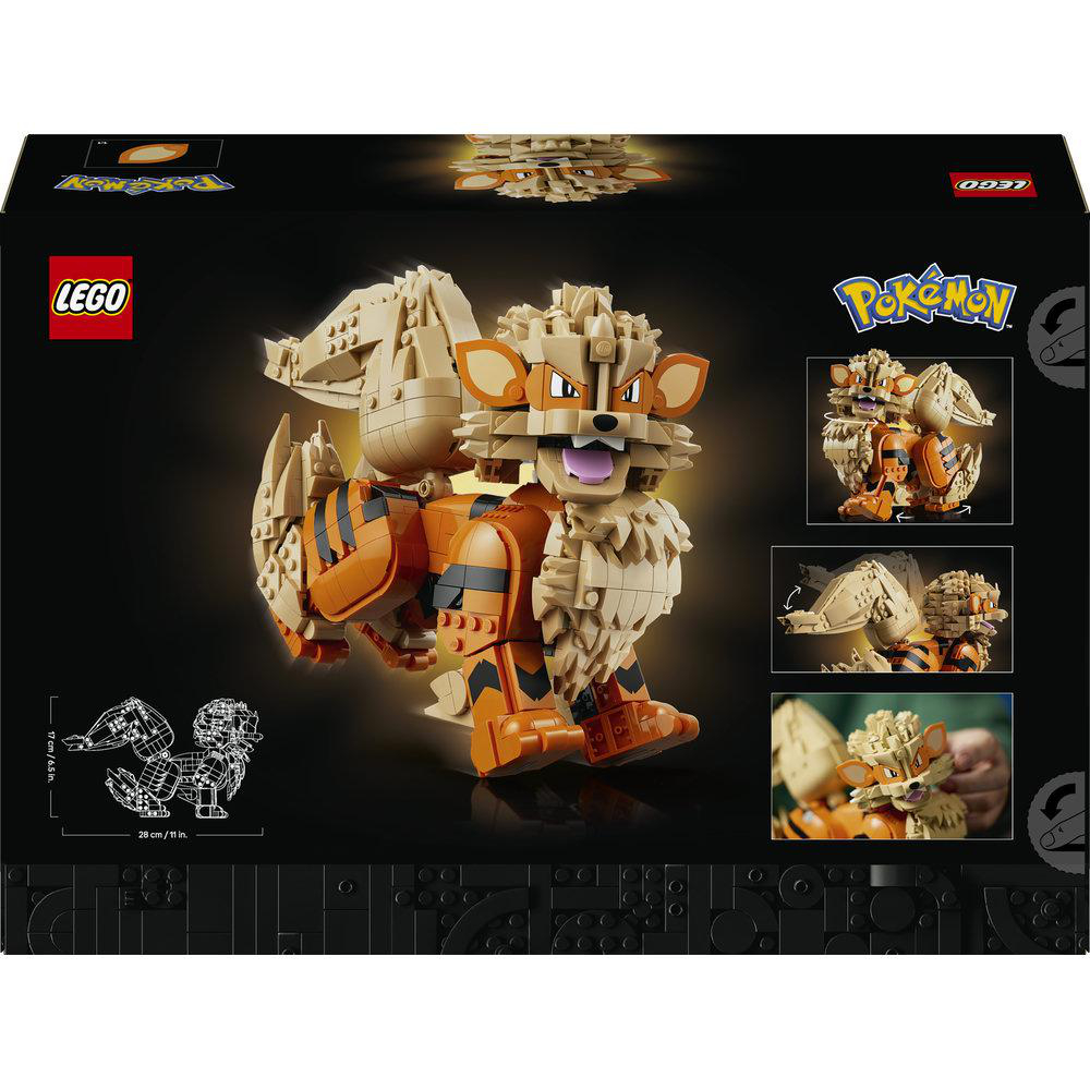 Eine LEGO Pokémon Arkani Setbox zeigt die gebaute orange-beige tigerähnliche Kreatur mit flauschiger Mähne.