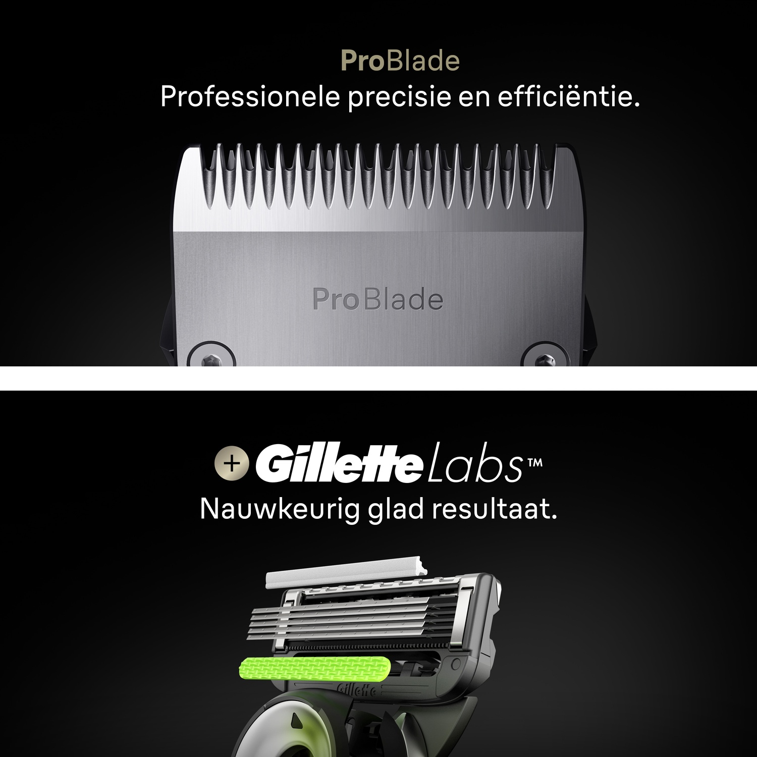Close-up van een GilletteLabs scheermesje met ProBlade en GilletteLabs tekst op een zwarte achtergrond.