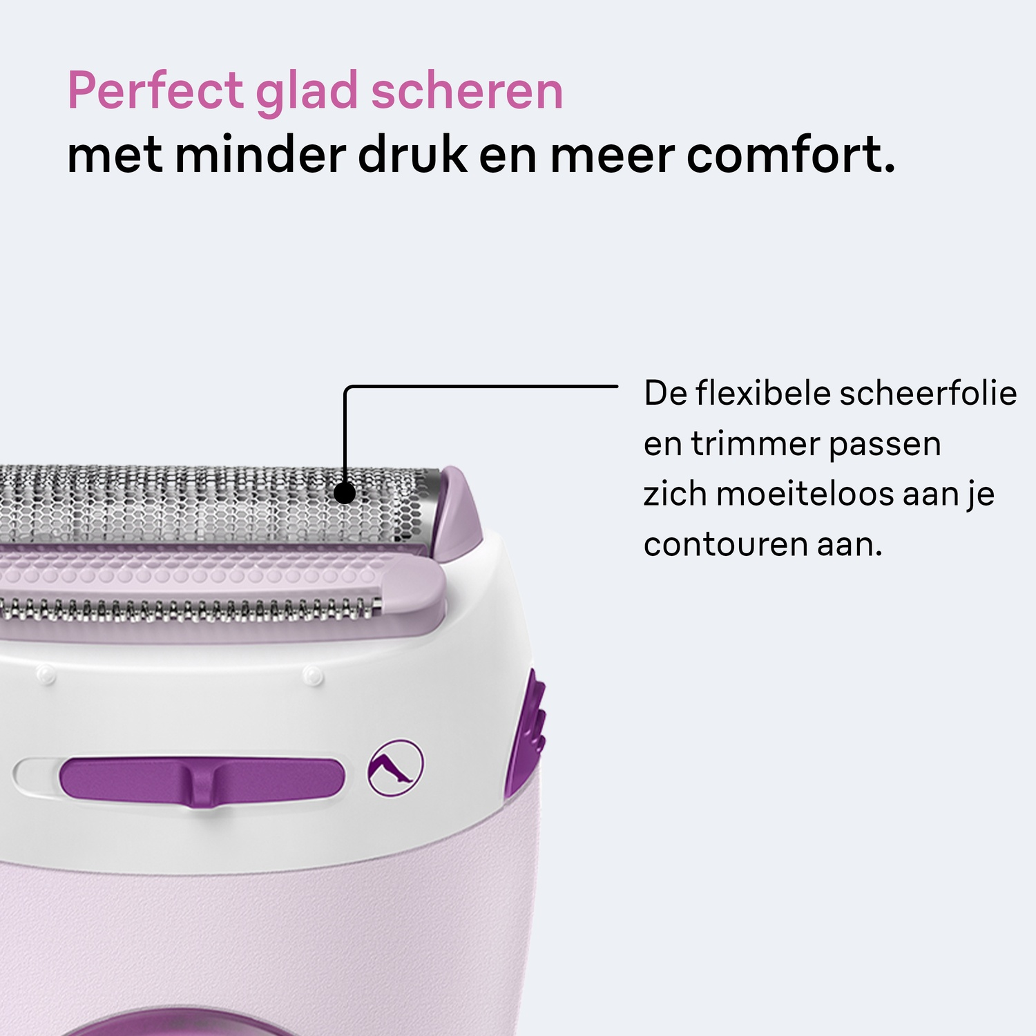 Gros plan d'un rasoir électrique rose et blanc, axé sur sa tête de rasage flexible avec texte en néerlandais.