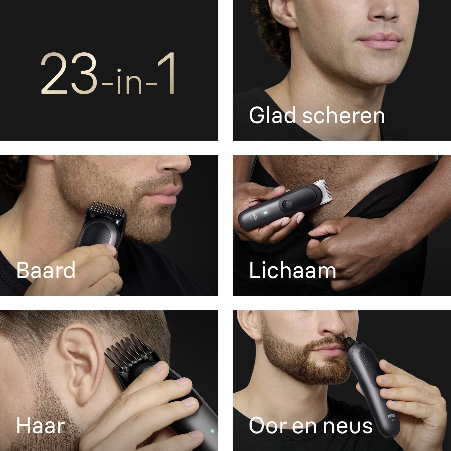 Een collage met een 23-in-1 trimmer voor glad scheren, baard, lichaam, haar, en oor en neus.