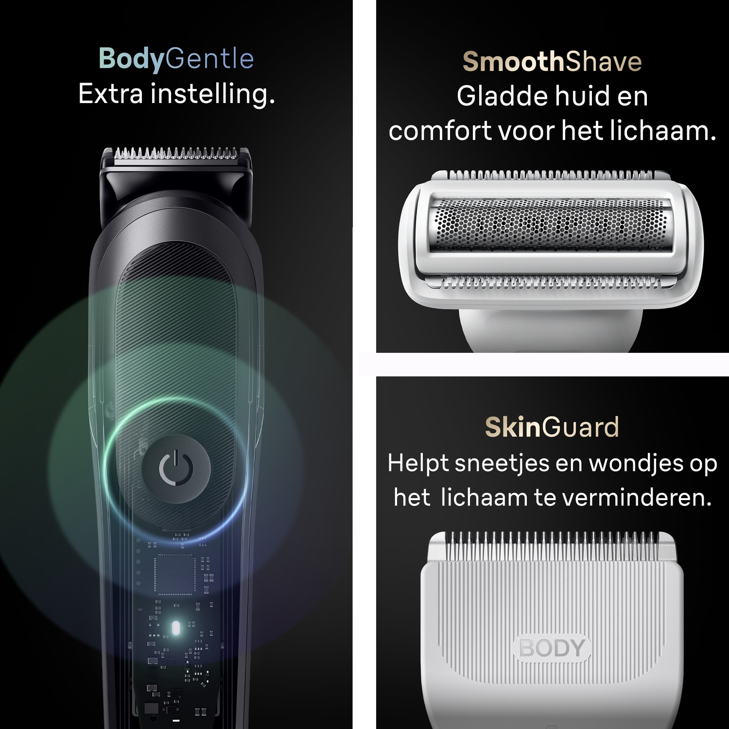 Drie productafbeeldingen van een zwarte bodygroomer met opzetstukken en tekst.