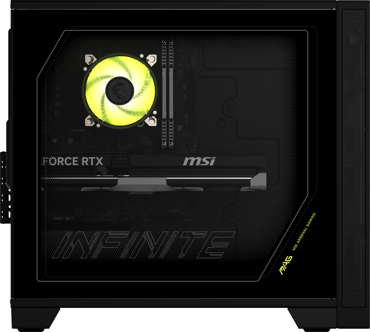 Una carcasa de PC gaming MSI Infinite negra con un ventilador amarillo brillante y una tarjeta gráfica GeForce RTX.
