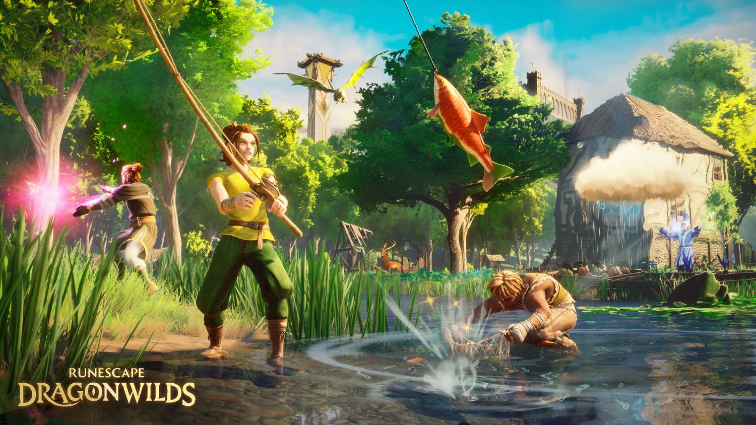 Personajes pescando y lanzando hechizos en un paisaje fantástico con bosques, ríos y una cabaña.